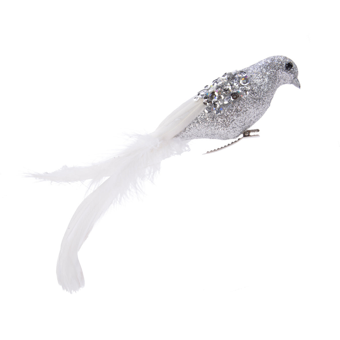 Uccello con clip paillettes e piume