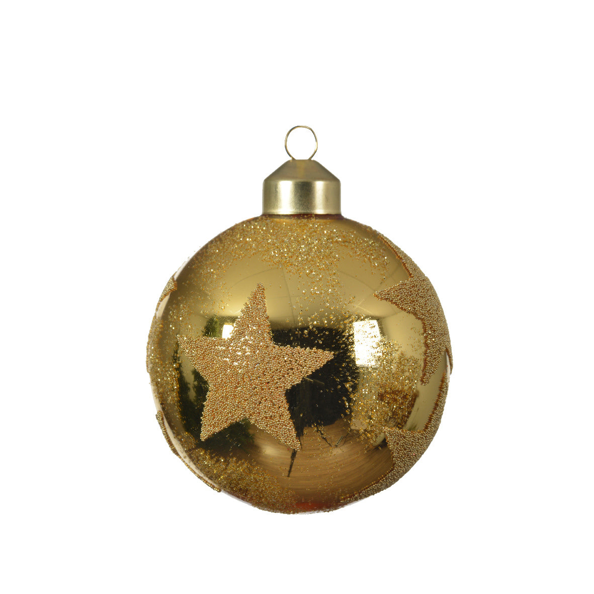 Palla di vetro oro con stella glitterata 8 cm