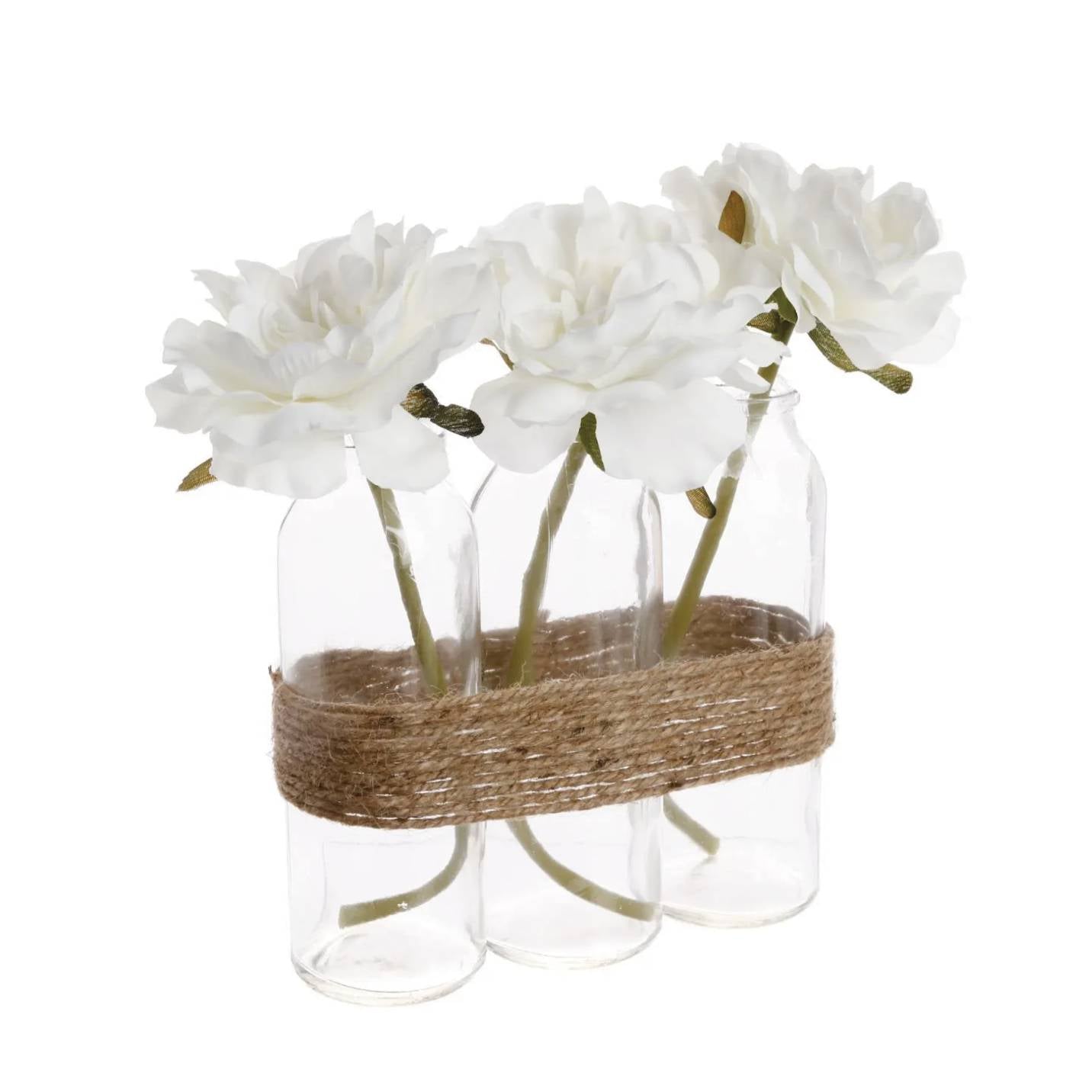 Composizione Artificiale con 3 Rose in Vasi di Vetro