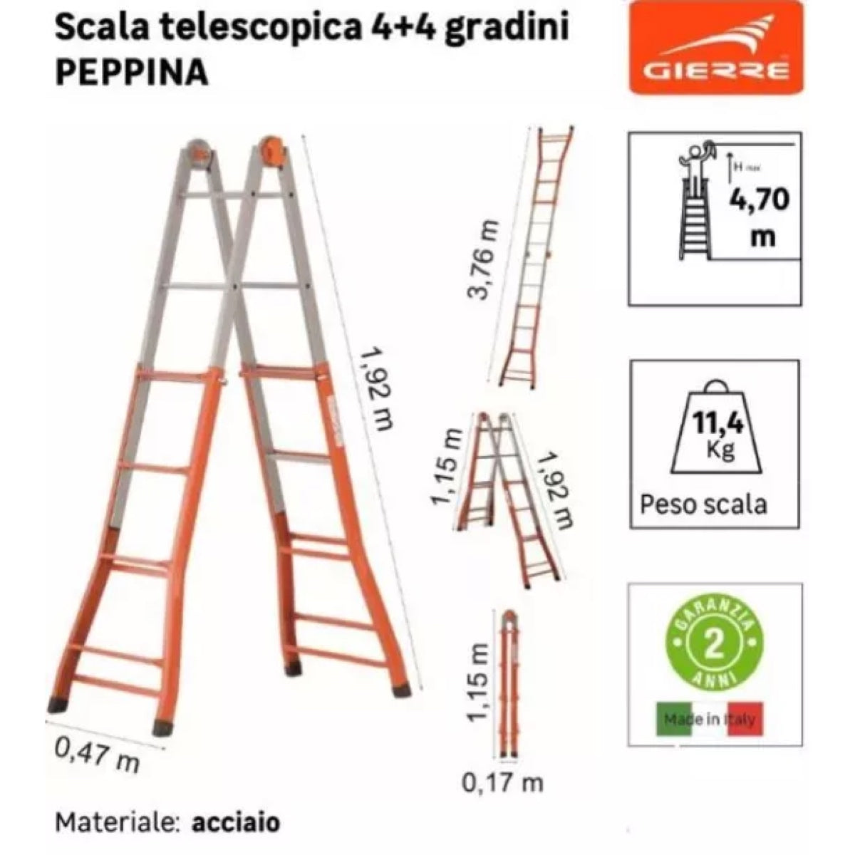 Scala Telescopica Gierre in Acciaio 4+4 Gradini Estensibile 3,78 m 7