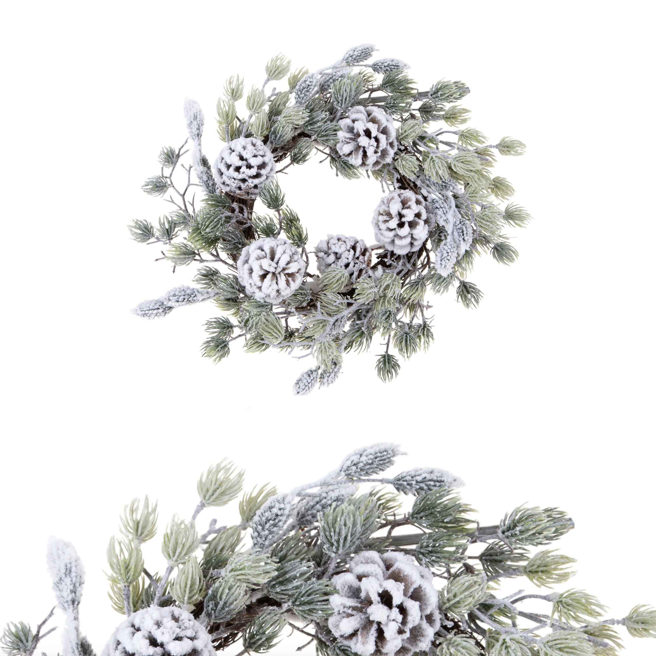 Corona Ghirlanda natalizia con pigne e neve 46 cm