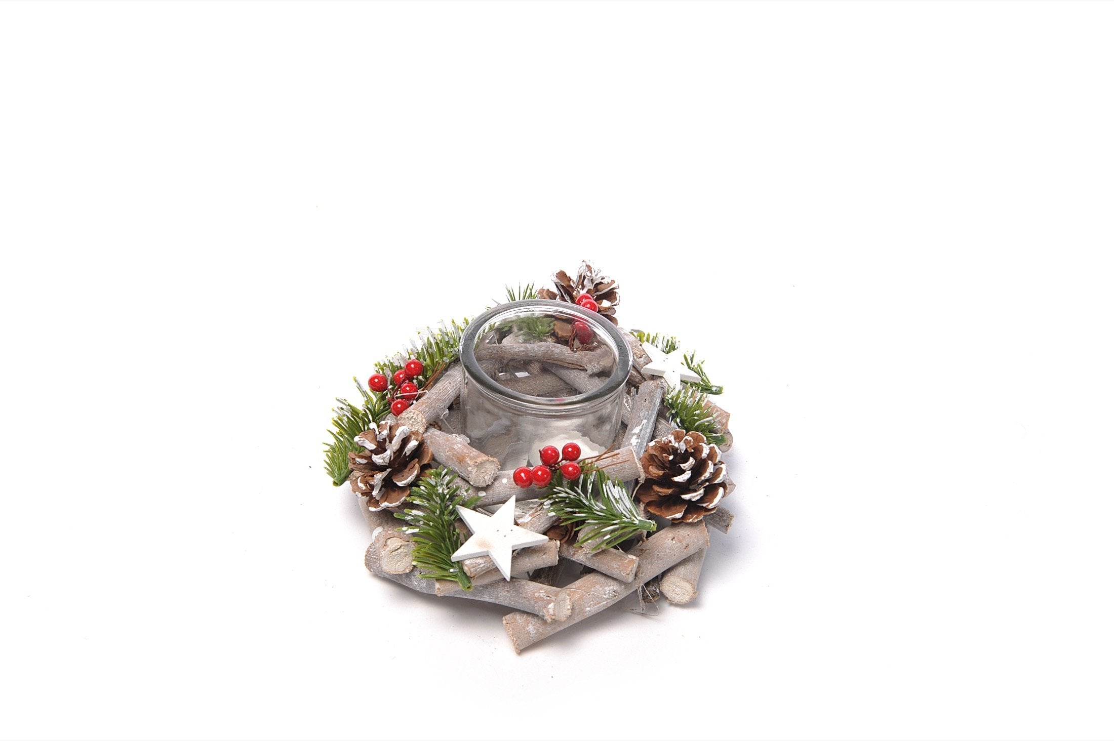 Portacandela tondo "rami e bacche" in legno