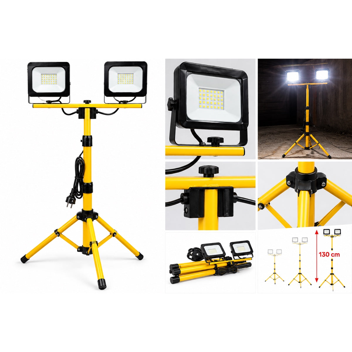 Faro da Cantiere LED Doppio con Treppiede Telescopico 130 cm 2