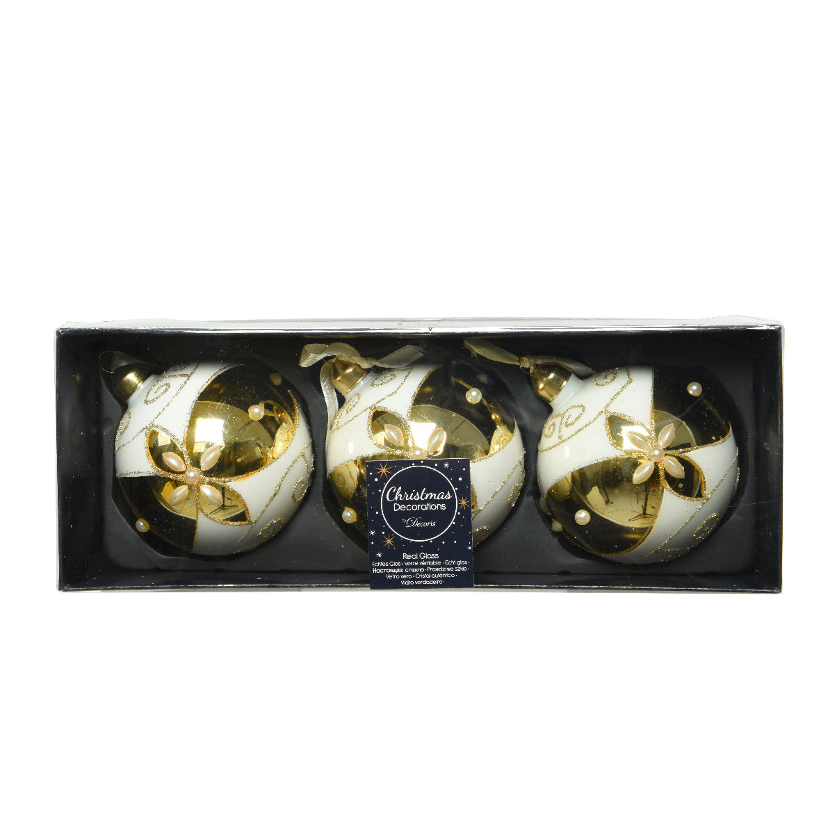 Set 3 palline di vetro bianco/oro Kaemingk