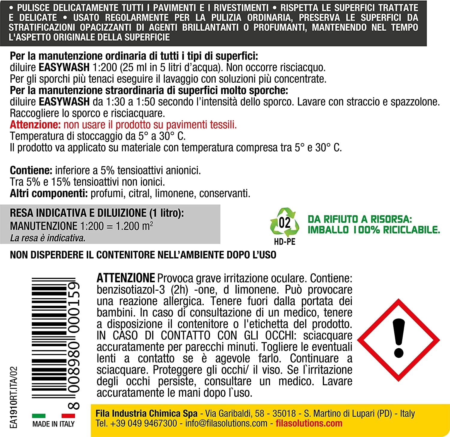 Detergente EasyWash FILA neutro per tutti i pavimenti 1lt 3