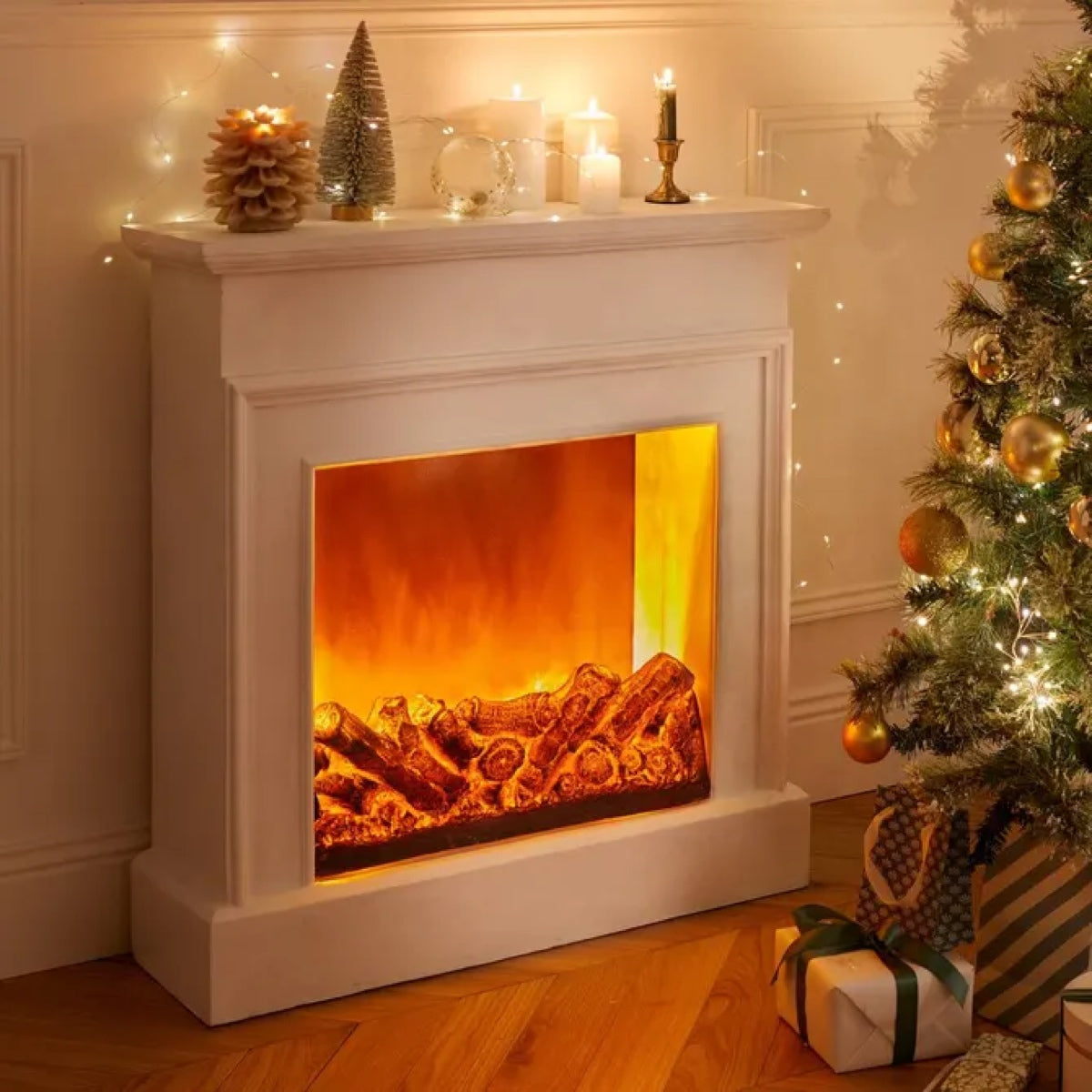 Camino Natalizio Decorativo Bianco con 20 LED 85 cm