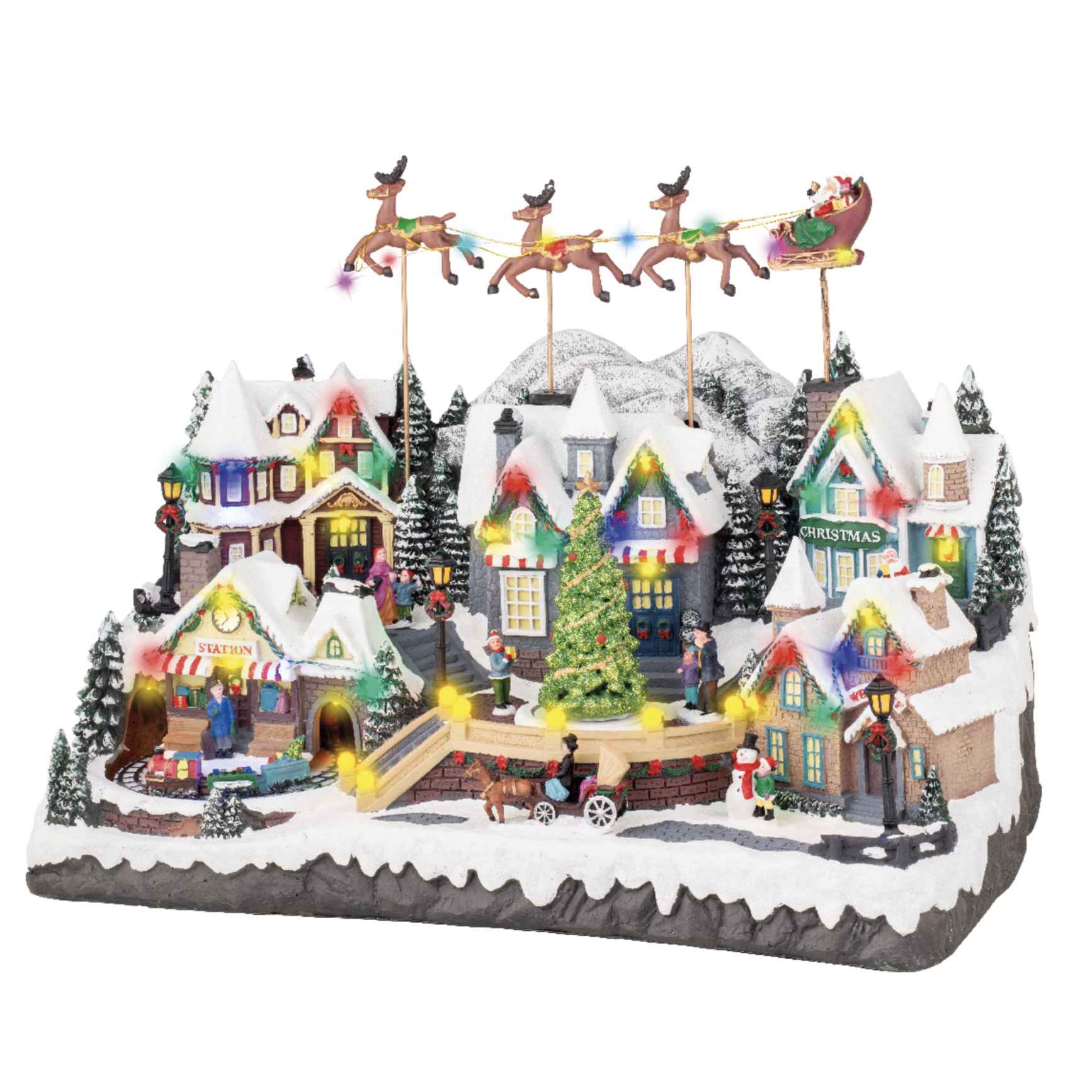 Scenario villaggio natalizio babbo con renne