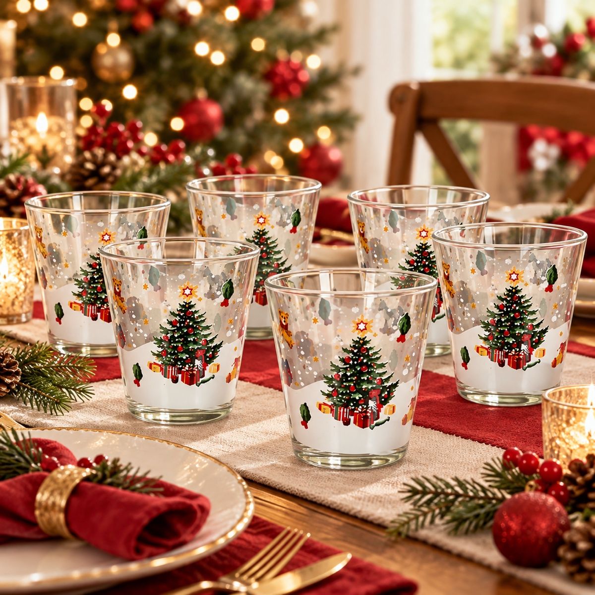 Set 6 Bicchieri Natalizi in Vetro con Albero di Natale 2