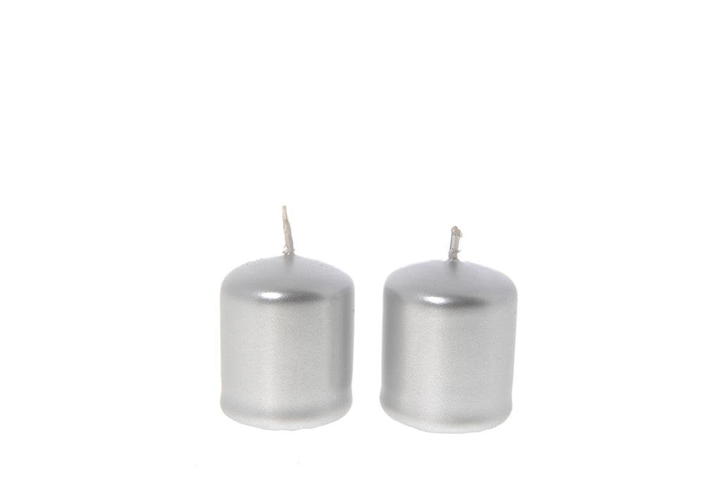 Coppia candele pillar metalliche in cera colore argento