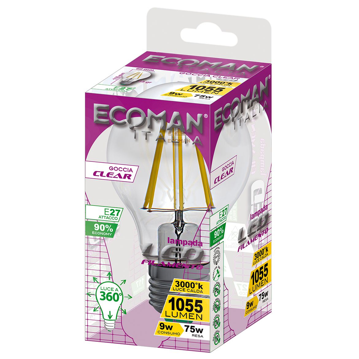 Lampadina LED goccia filo clear 9W