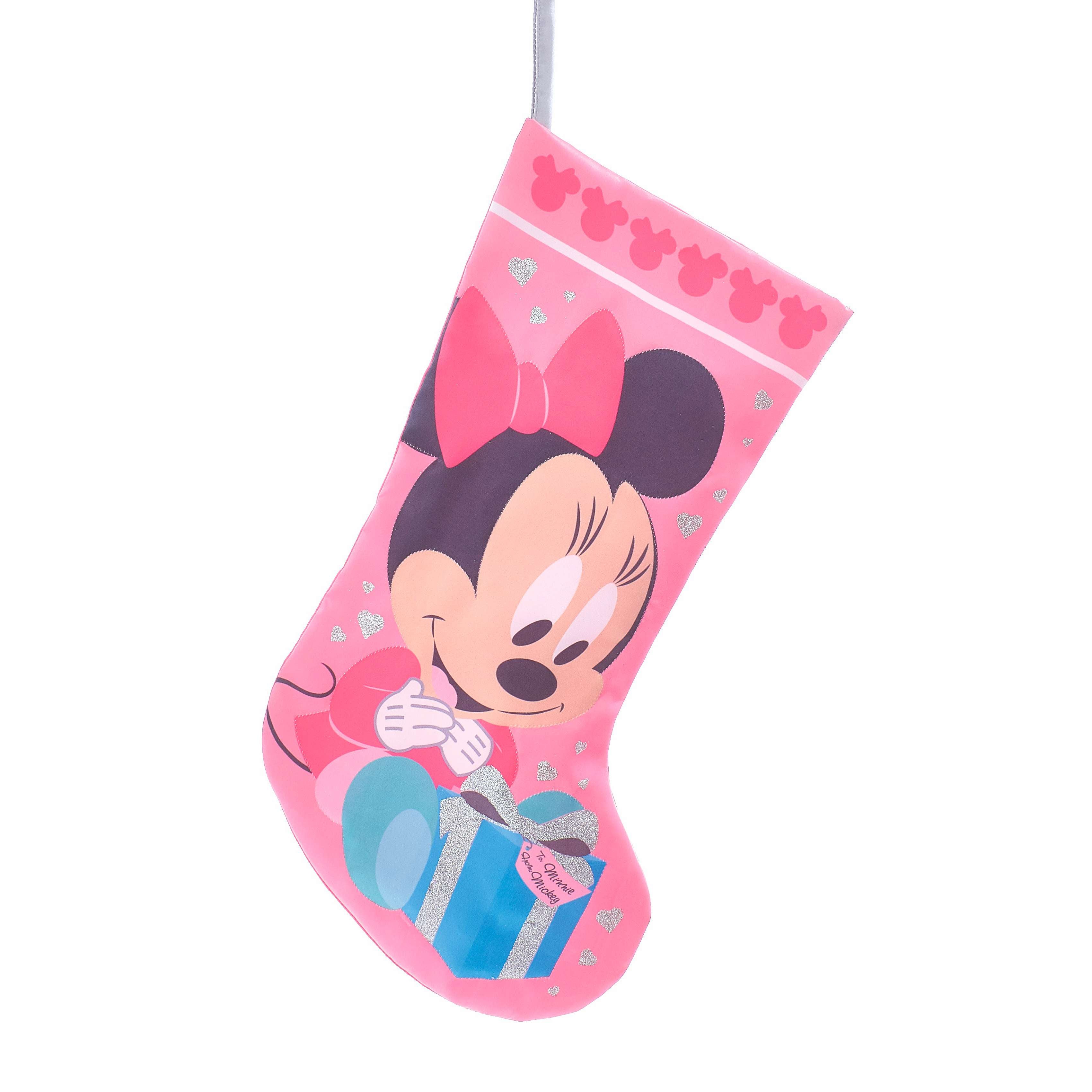 Calza Disney Minnie baby Christmas Inspiration  Calza in stoffa, rifiniture in argento e colori prevalenti rosa e bianco.