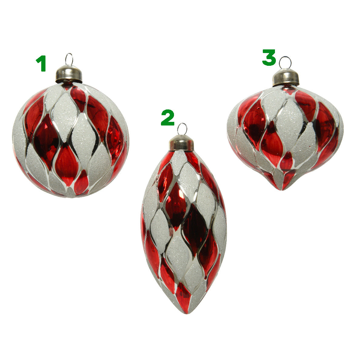 Palla di vetro glitterata rossa-bianca 8 cm