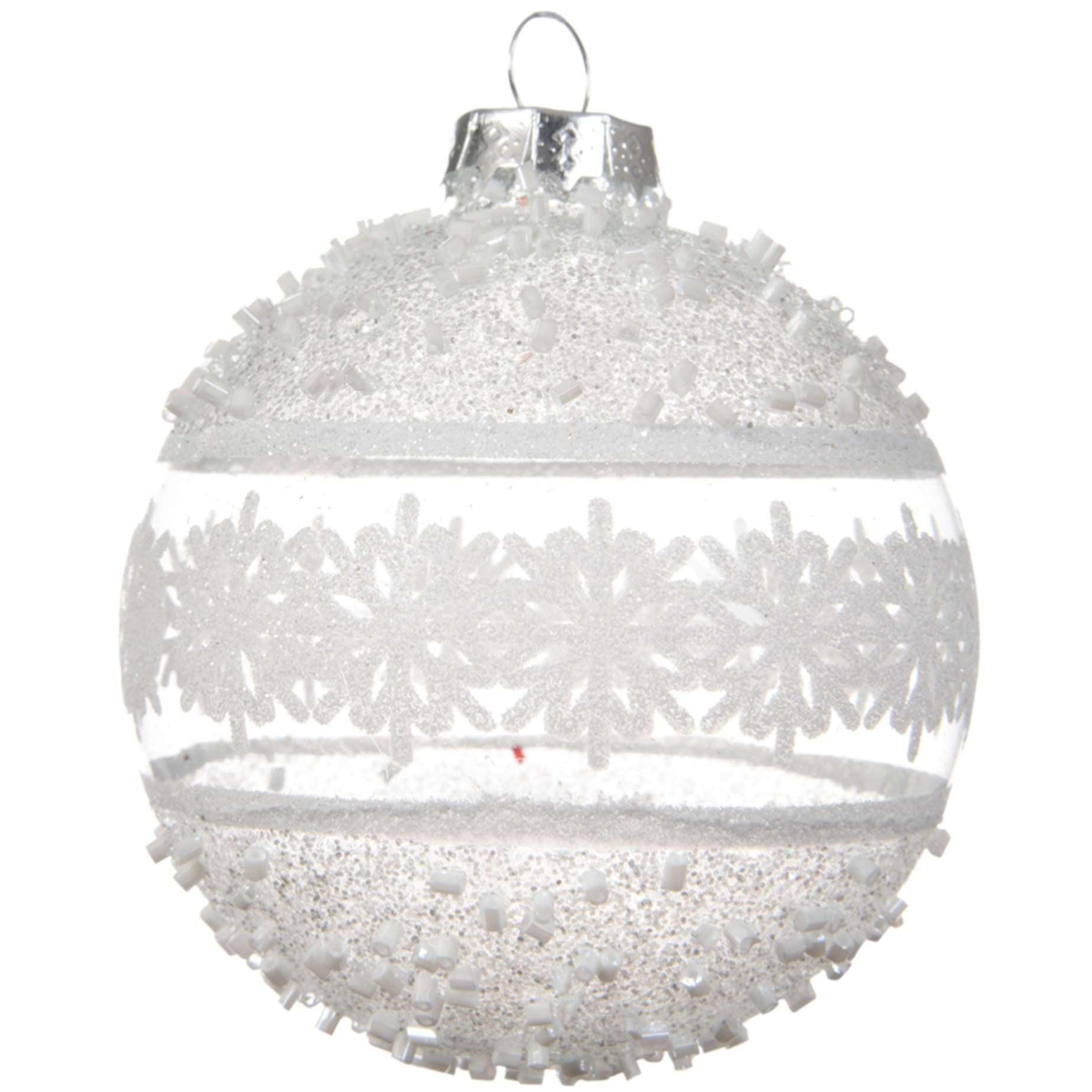 Pallina trasparente in vetro decori bianchi 8 cm