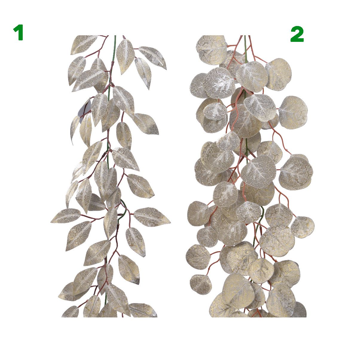 Ramo foglie imbiancate 150 cm  Realizzate in PVC e PE, lunghezza 150 centimetri, 2 fantasie disponibili.