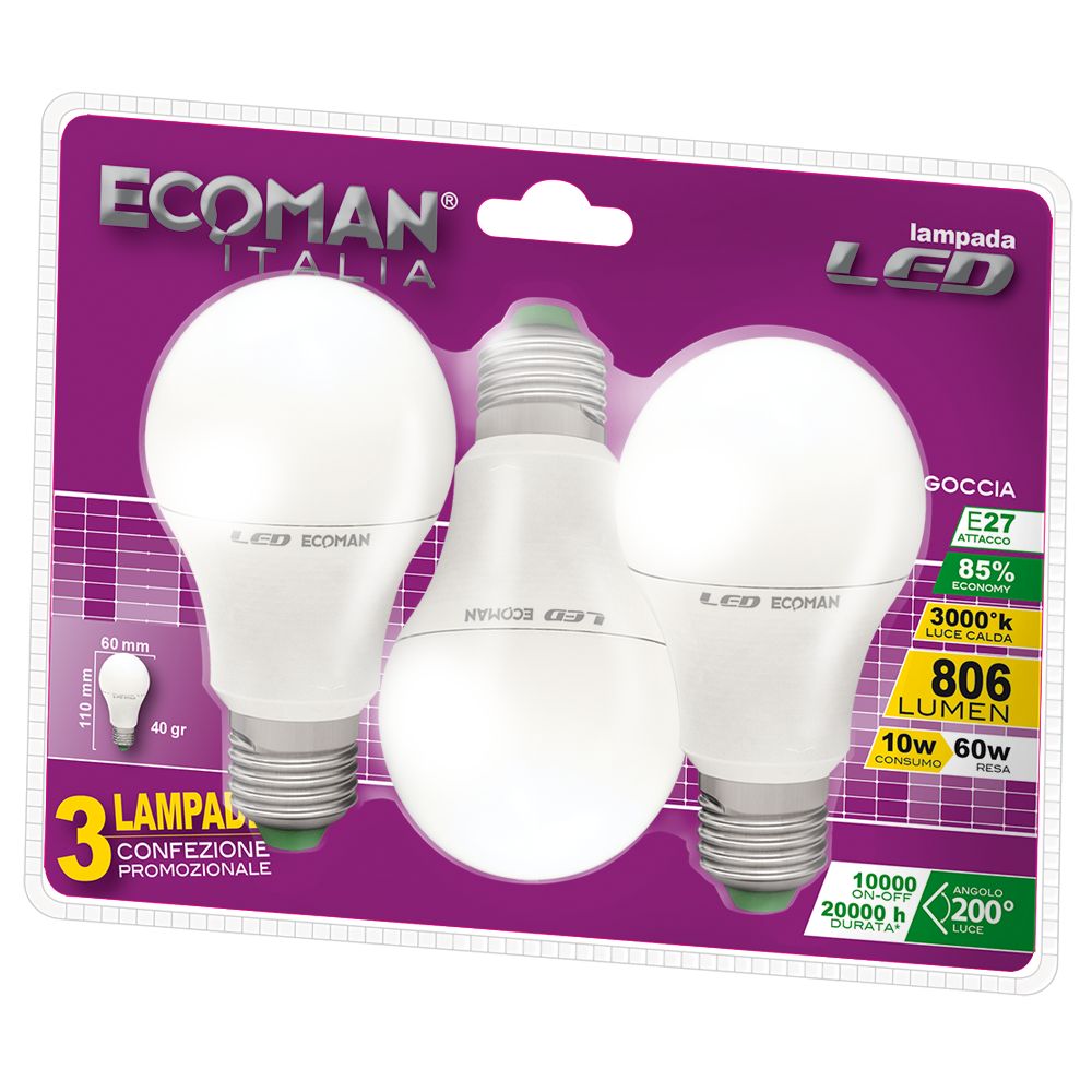 Goccia 10W E27 Tripack luce fredda 220-240V