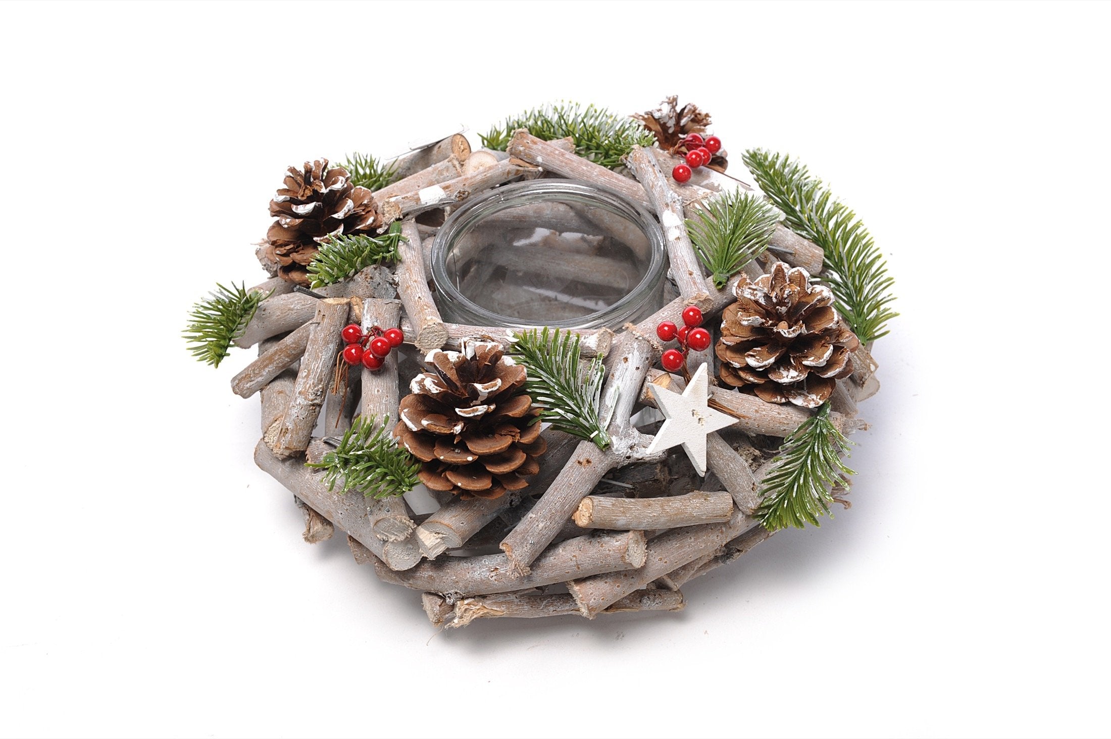 Portacandela tondo "rami e bacche" in legno