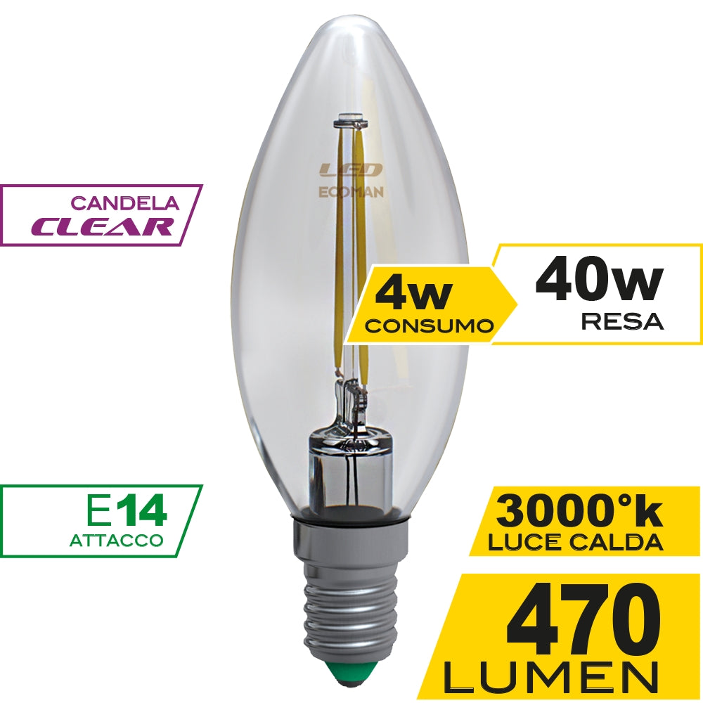 Lampadina LED candela filo Clear 4W 3