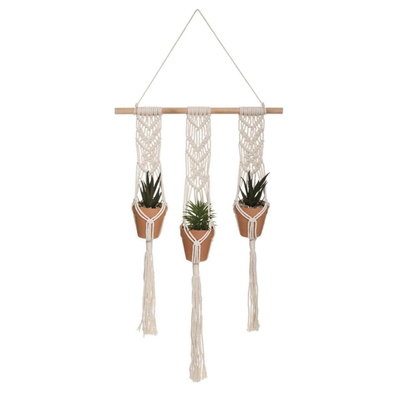 Sospensione in cotone con 3 piante artificiali e vasi in terracotta h 68 cm