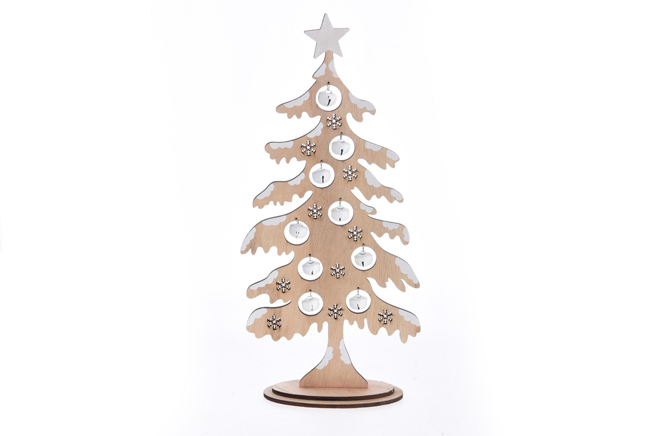 Albero natalizio in legno con campanelline con neve glitter