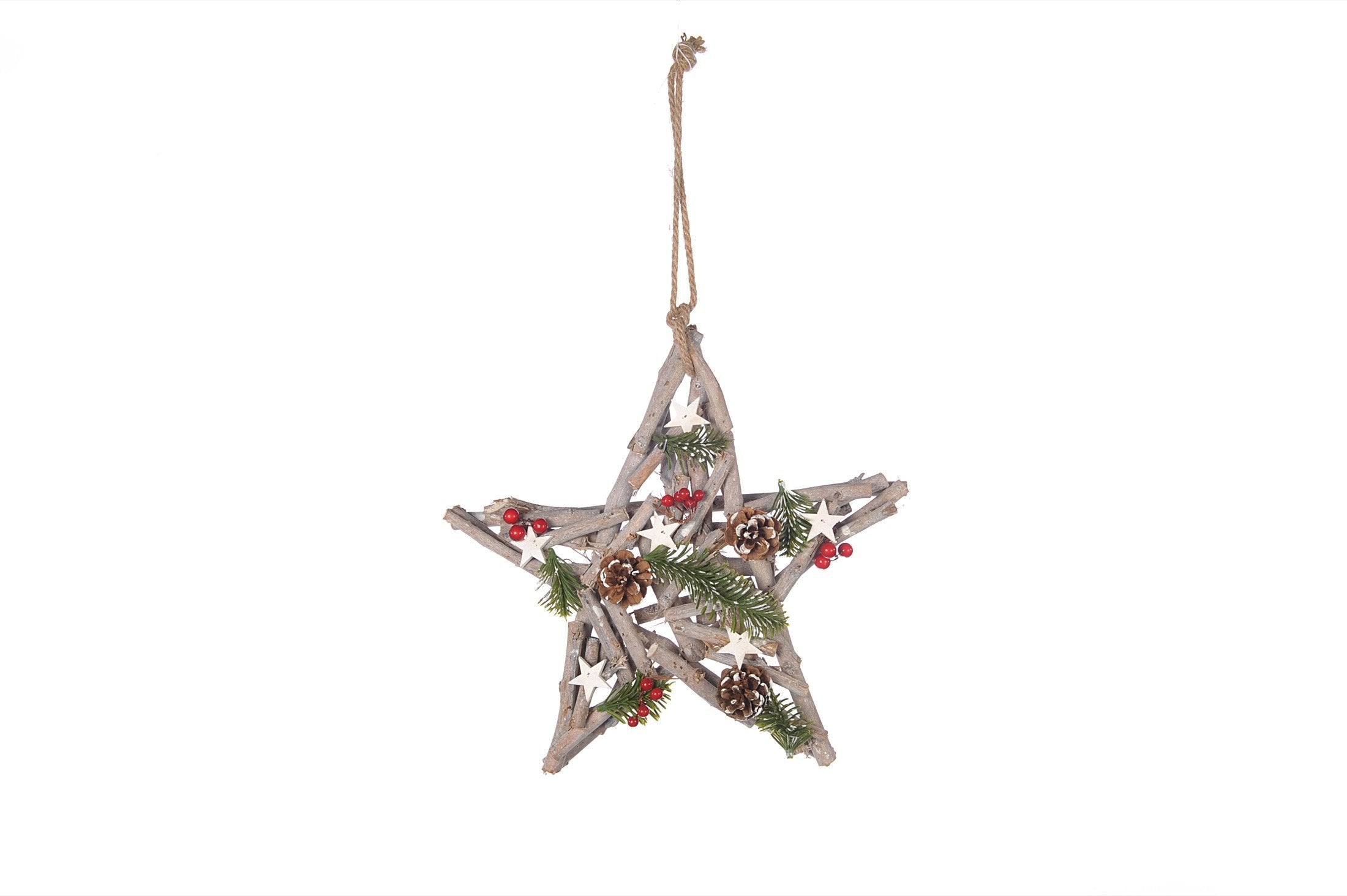 Decorazione stella "rami e bacche" da appendere in legno