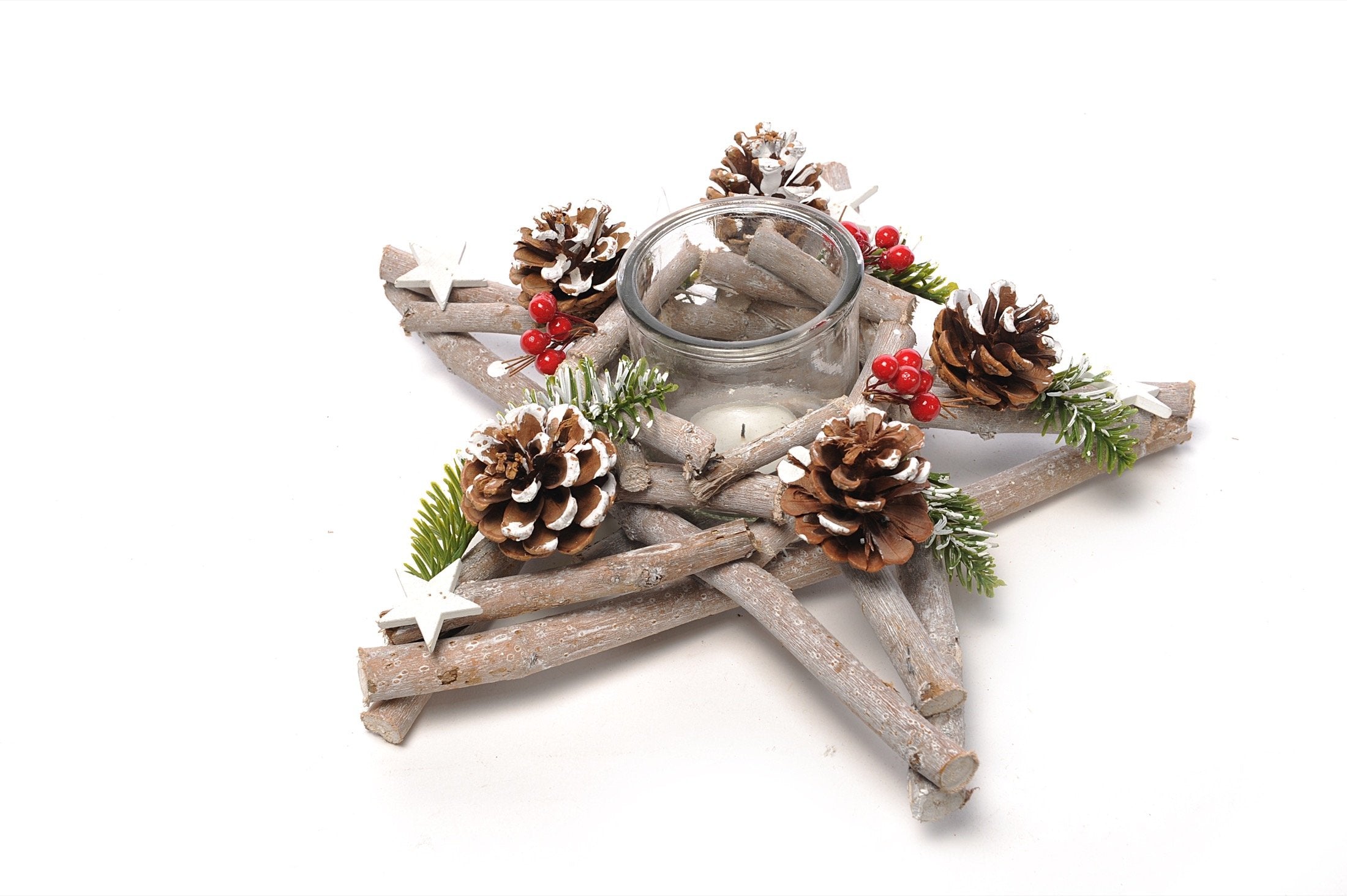 Portacandela stella "rami e bacche" in legno