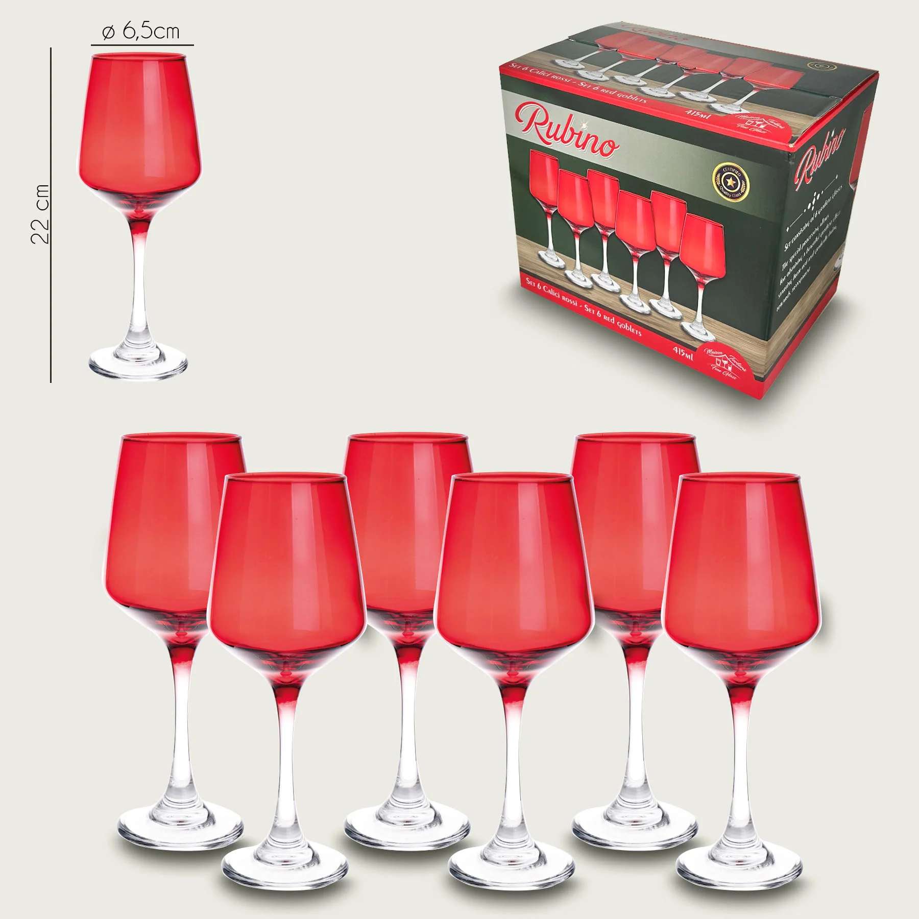 CALICI ROSSI IN VETRO DA 41 CL ‚Äì SET DA 6 PEZZI