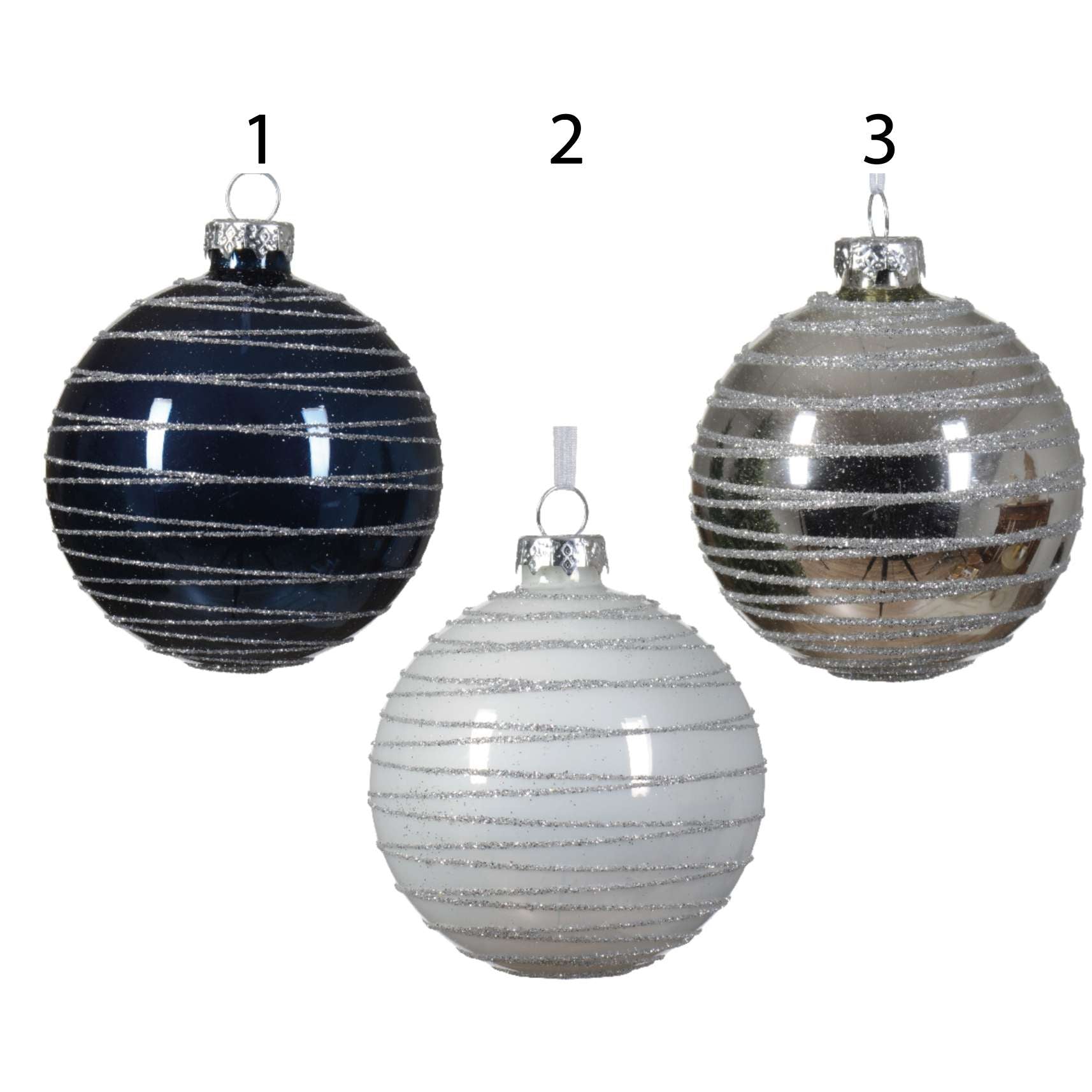 Palle in vetro smaltate glitter argento 8 cm