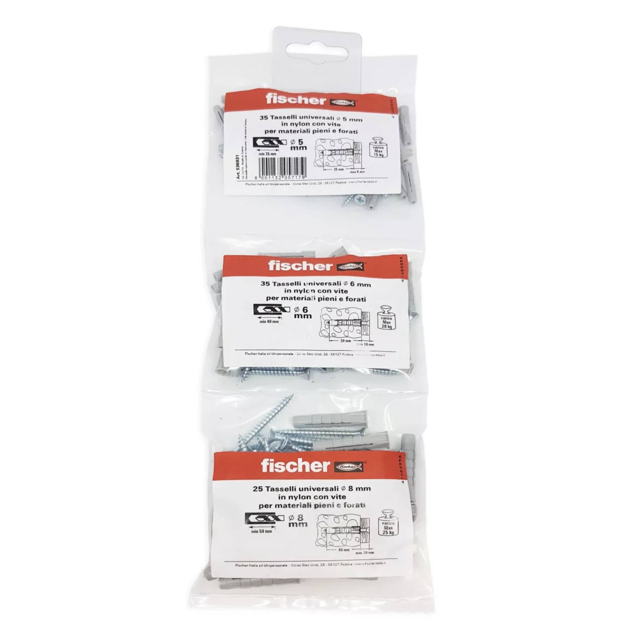 Set 95 tasselli Fischer 5/6/8 mm con vite