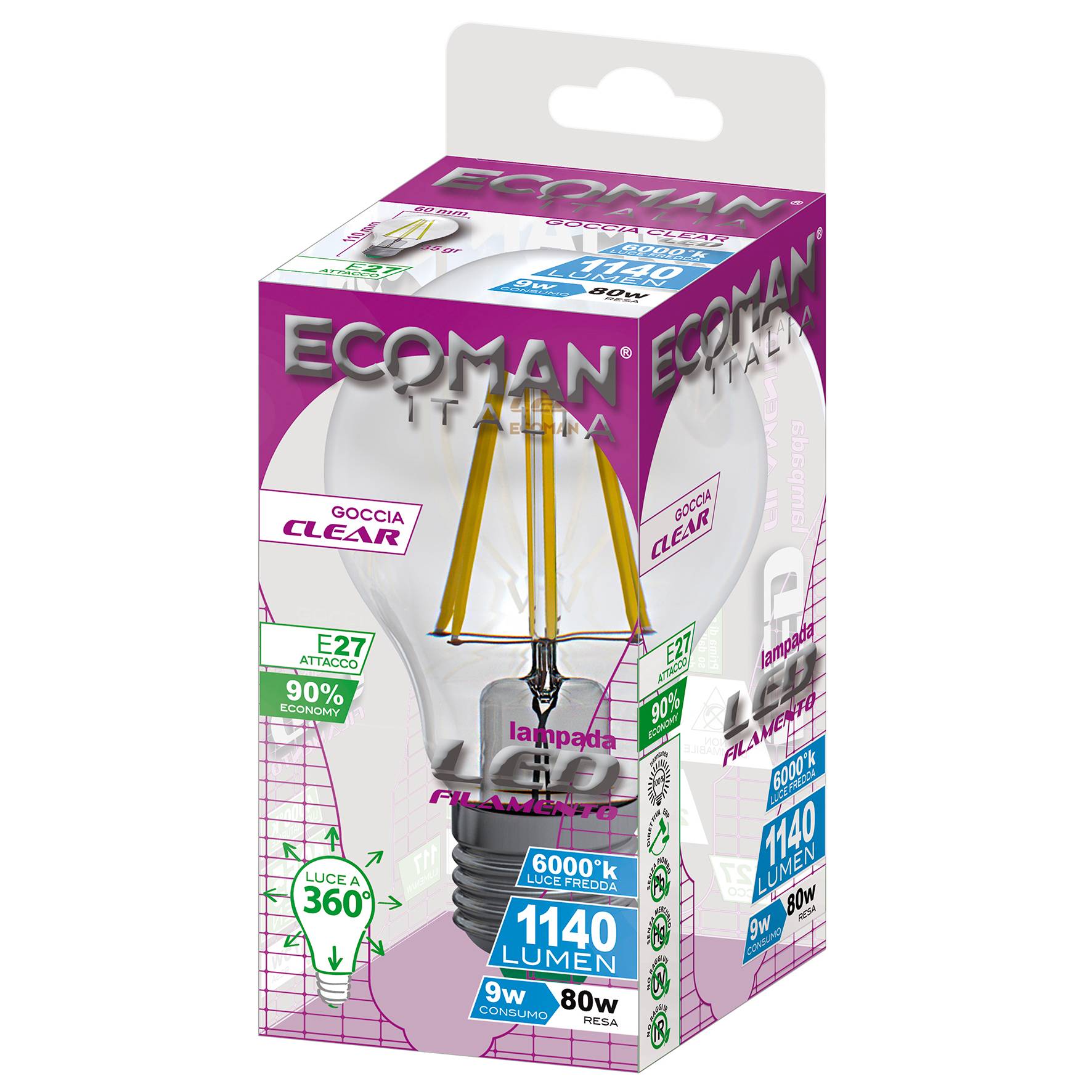 Lampadina LED goccia filo clear 9W 3