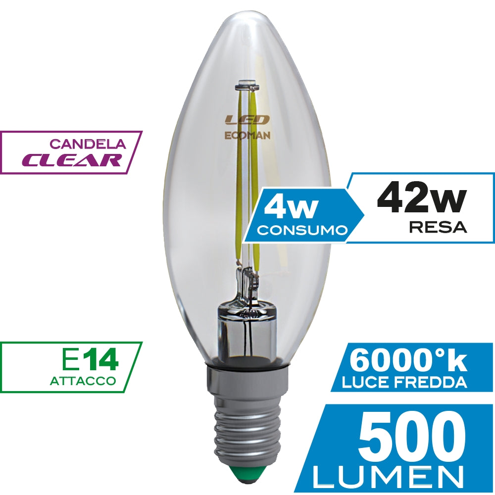 Lampadina LED candela filo Clear 4W 4