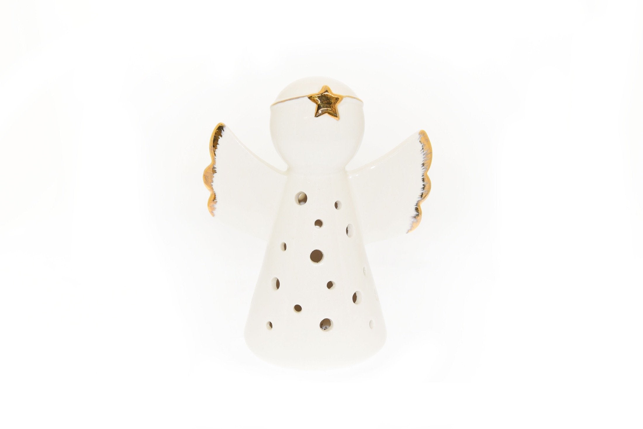 Angelo in porcellana con luci e oro zecchino