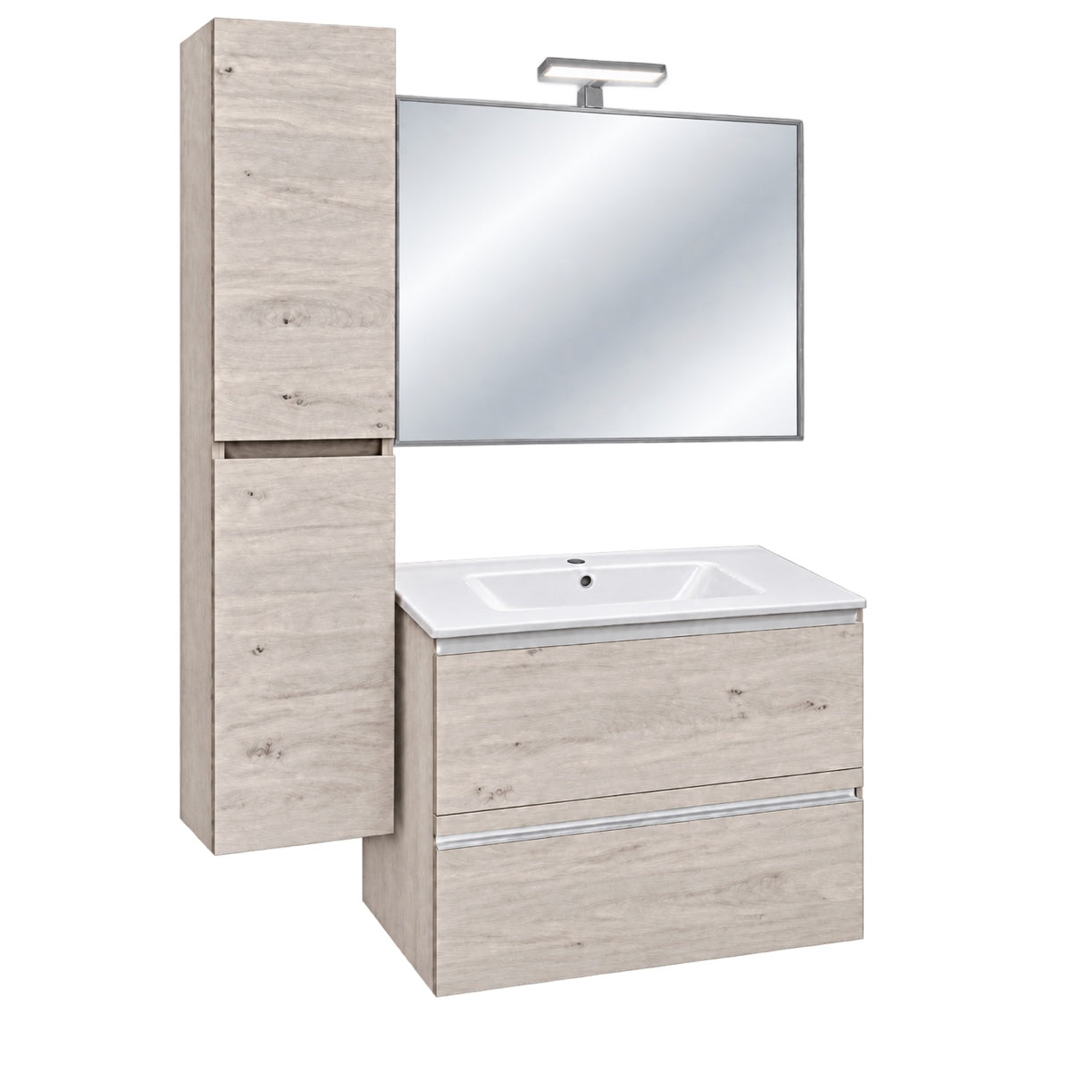 Composizione Bagno 82 cm con Mobile 2 Cassetti, Lavabo, Specchio e Colonna 2