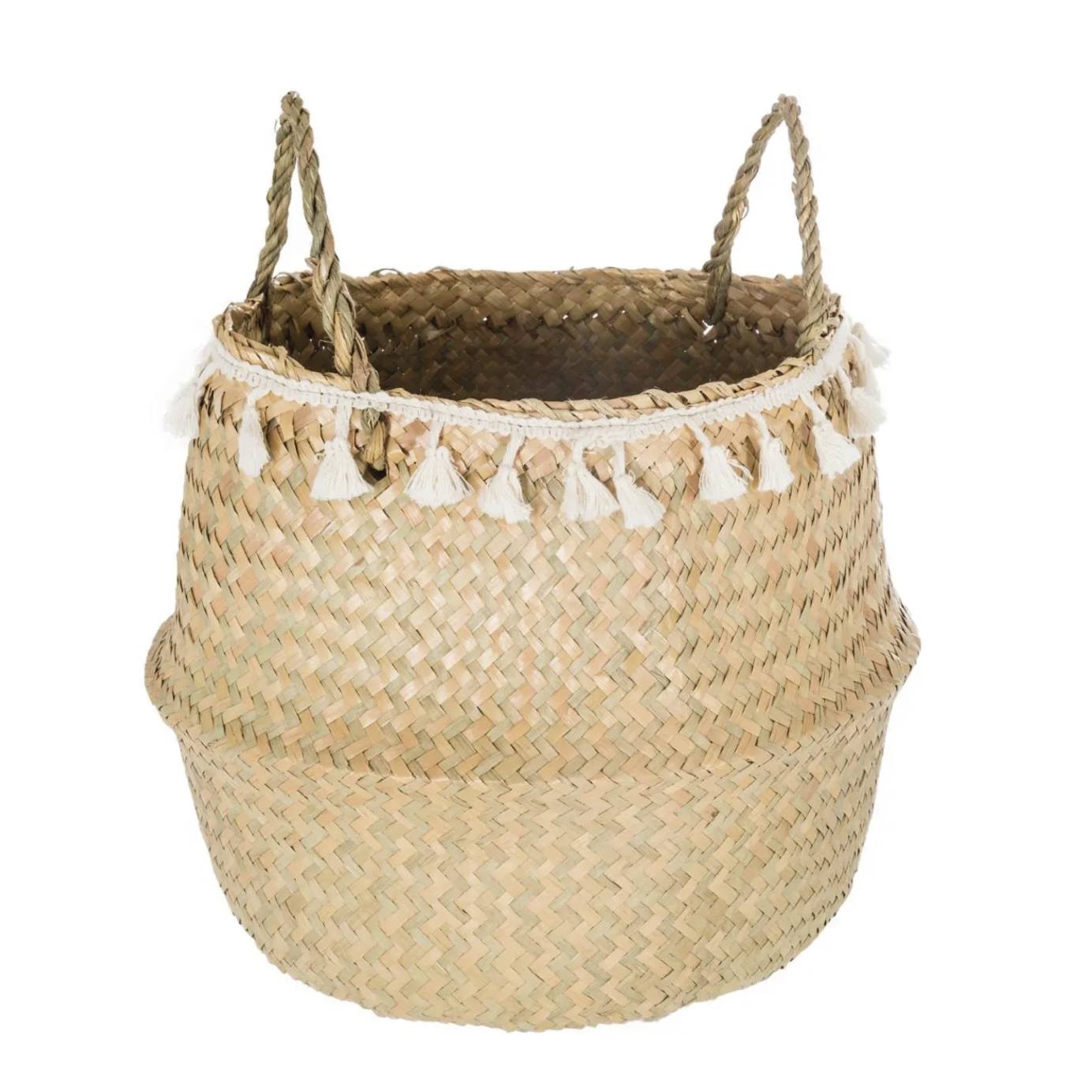 Cestino pieghevole in giacinto d'acqua con nappine in canna marina