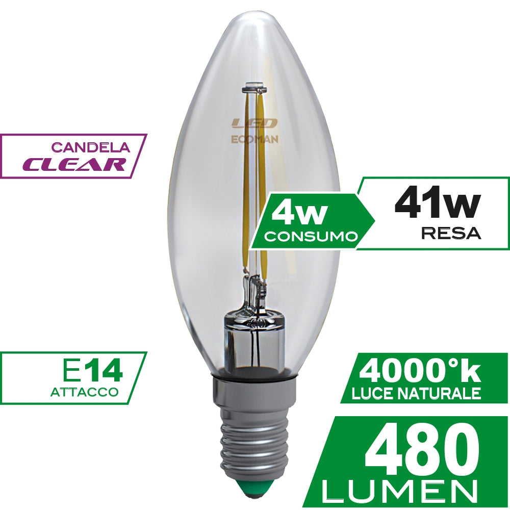 Lampadina LED candela filo Clear 4W
